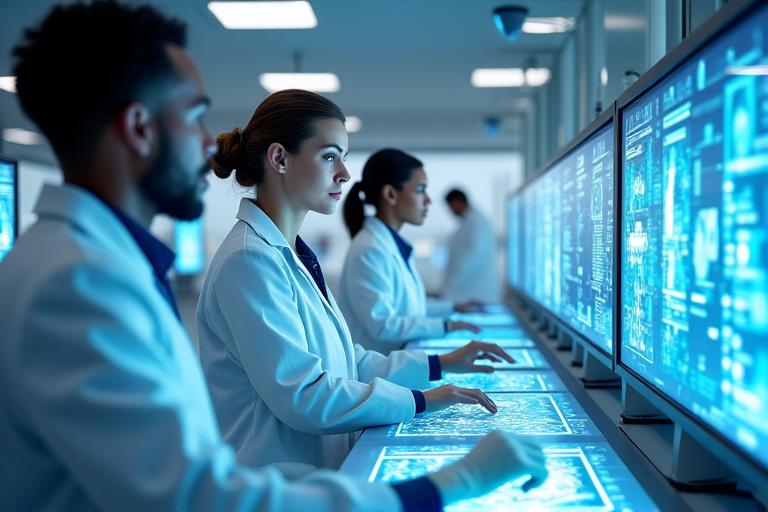 Chercheurs travaillant en laboratoire avec des équipements de pointe en santé numérique.