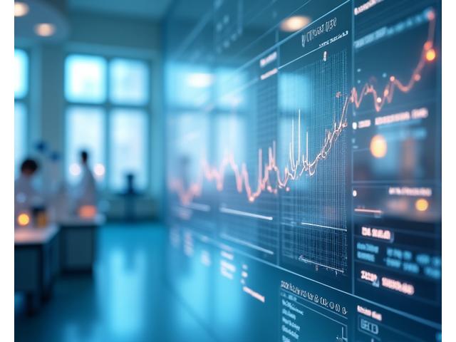 Graphiques de données scientifiques montrant des progrès de santé, entourés d'instruments de recherche.