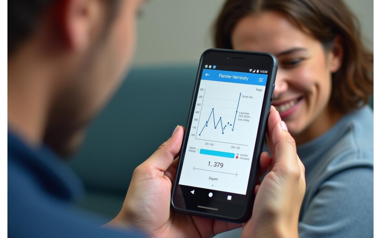 Application mobile de suivi de la douleur affichant des niveaux de douleur sur un graphique, femme souriante en arrière-plan