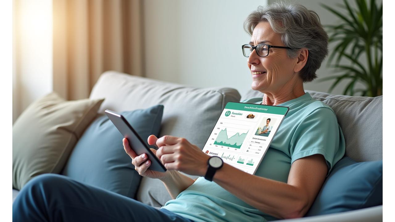 Patient se rétablissant confortablement à domicile avec des dispositifs de surveillance à distance, tablette affichant des données de santé