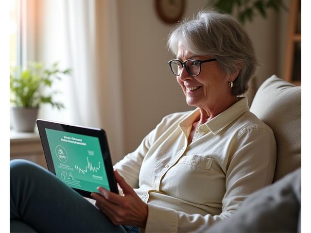 Une personne âgée souriante utilisant une tablette pour apprendre sur sa maladie chronique, symbolisant l'autonomisation.